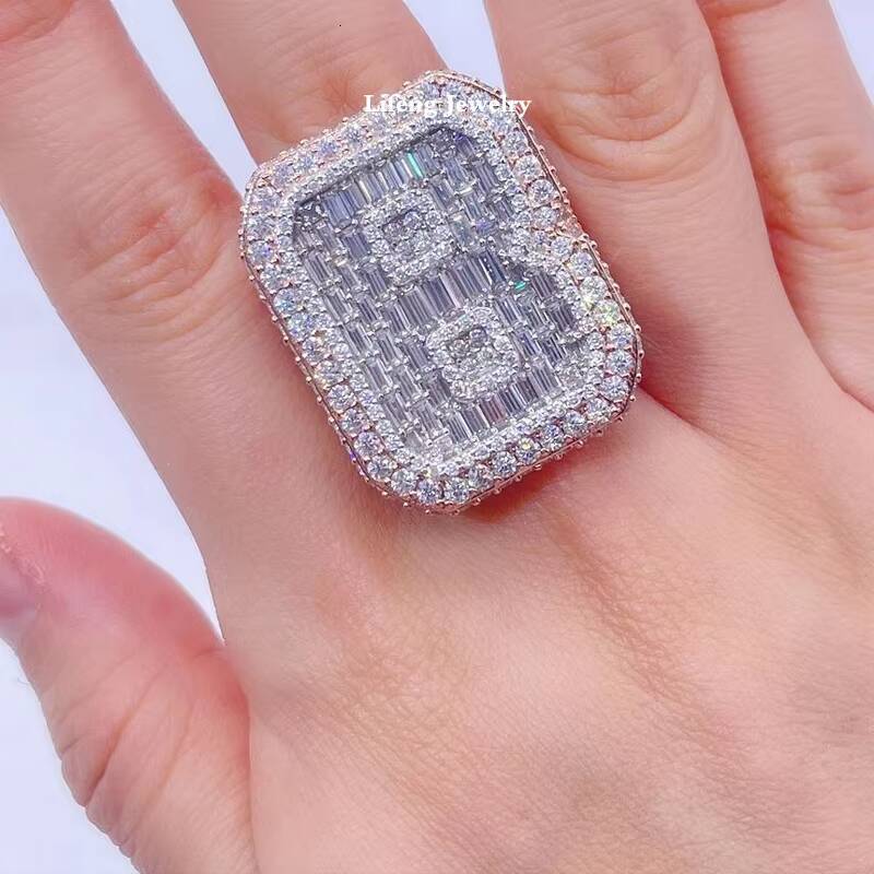 Custom Moissanite Ring Men Hiphop Letters Full Diamond 925 Silver Ring 2 Tone Fashion Men Ring