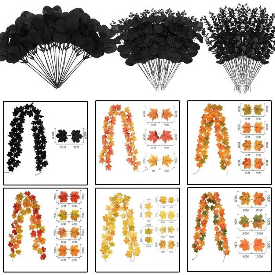 Black Eucalyptus Leaves Stems Maple Leaf Garland Halloween Artificial Vines Garlands Thanksgiving Decor for Home Room Decoration C250919