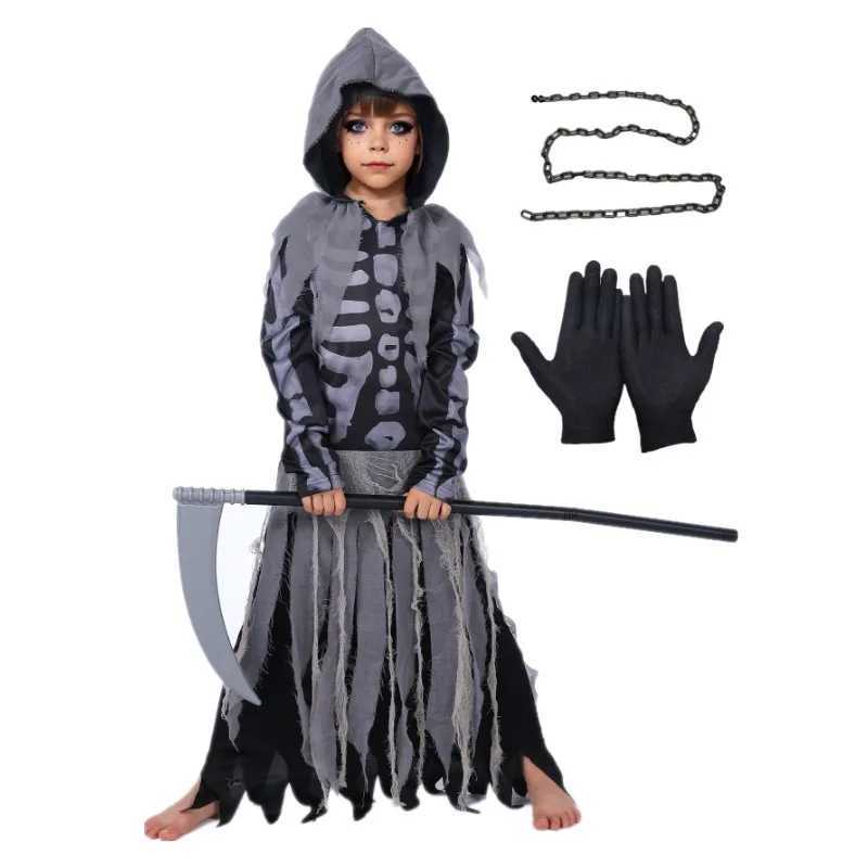 Skeleton Grim Reaper Costume Girls Scary Costumes Kids Halloween Deluxe Costume Set Scythe Chain Soultaker Dress Up Rave Party L250918