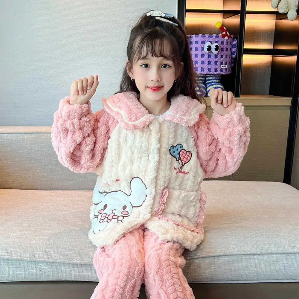 Sanrio 2Pcs Sanrios Cinnamoroll Kuromi Kids Flannel Pajama Kawaii Anime Autumn Winter Girl Boy Fashion Warm Thicken Loungewear Homewear L250919