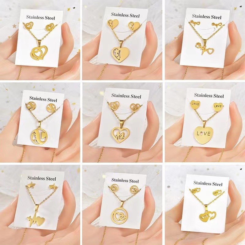 Titanium Necklace Geometric Love Jewelry Stainless Steel Earrings Two-piece Set for Men and Women