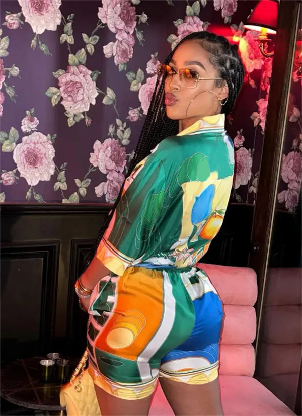 Women's suit tracksuits Letter printed image fashion outfits sets casual buckle shirt shorts set two-piece