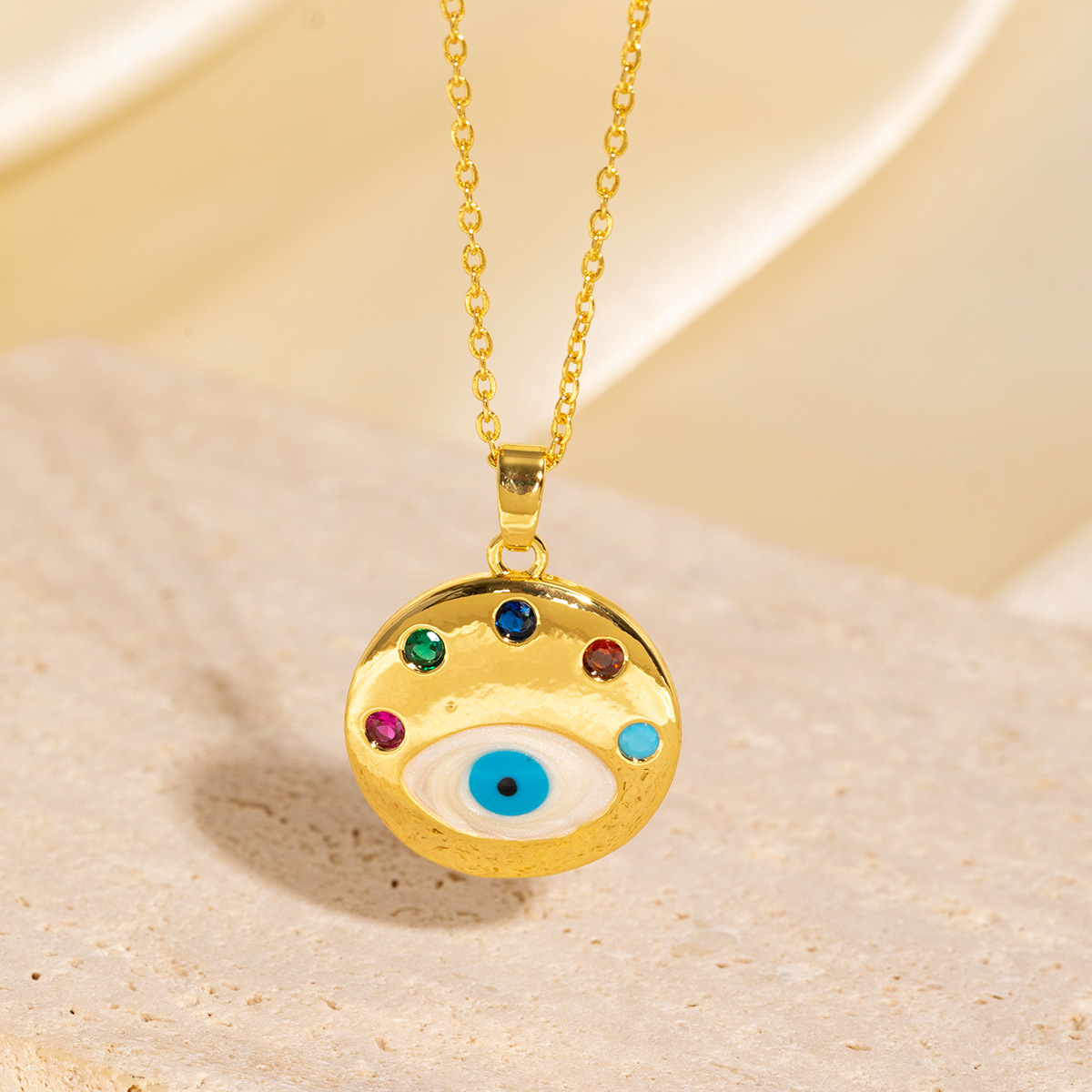 Designer Jewellery High Quality Gold Toned Round Evil Eye Pendant Necklace with Multicolor Gemstones for Daily Boho Chic Wear and Gifting Textured Uni