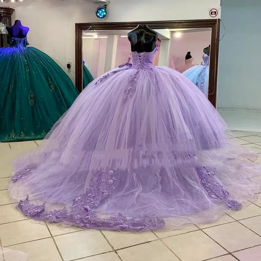 Lilac Floral Lace Quinceanera Dresses with Cape Sweetheart Princess Puffy Ball Gown Long Tulle Prom Brithday 16 Dress Vestido 15 Anos