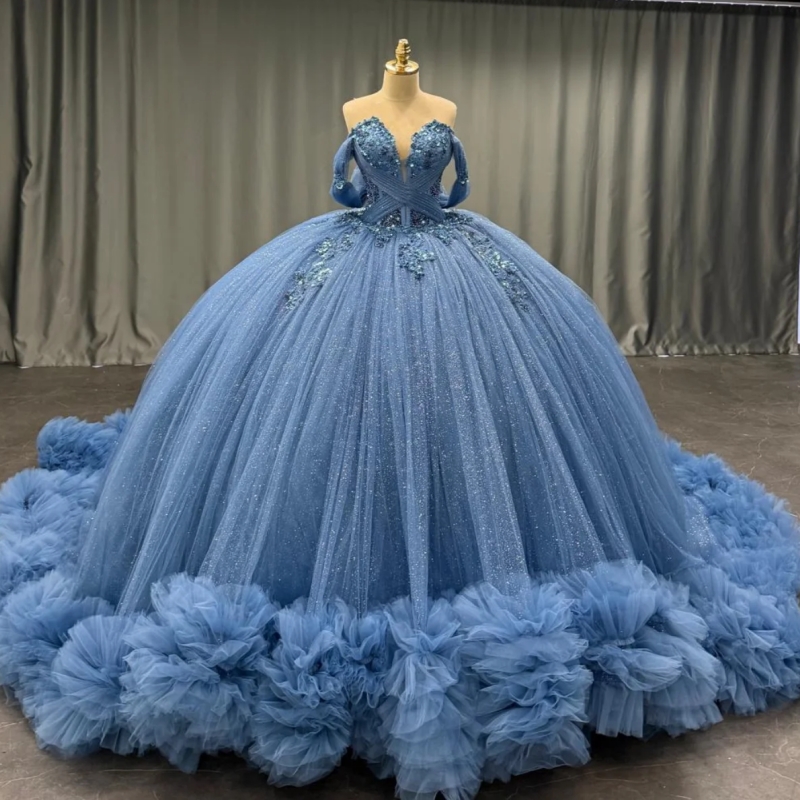 Navy Blue Shiny Quinceanera Dresses Off The Shoulder Applique Lace Beading Crystal Tiered Tull Party Birthday Sweet 16 Dress Vestidos De 15 Anos