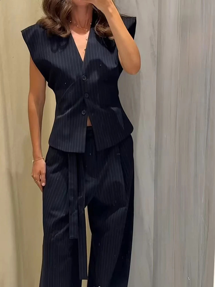 Elegant Chic Belt Pant Set With Women VNeck Slim Sleeveless Vest Straight Pants 2025 Autumn Fashion Leisure Commute Lady Set 250917