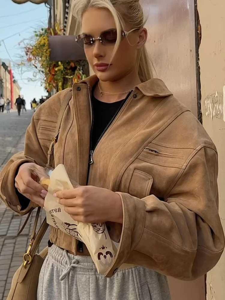Brown Suede Lapel Zippered Jackets Womens Casual Full Sleeves Pockets Loose Mini Coats Retro Autumn Lady Daily Commute Outwear Z250918