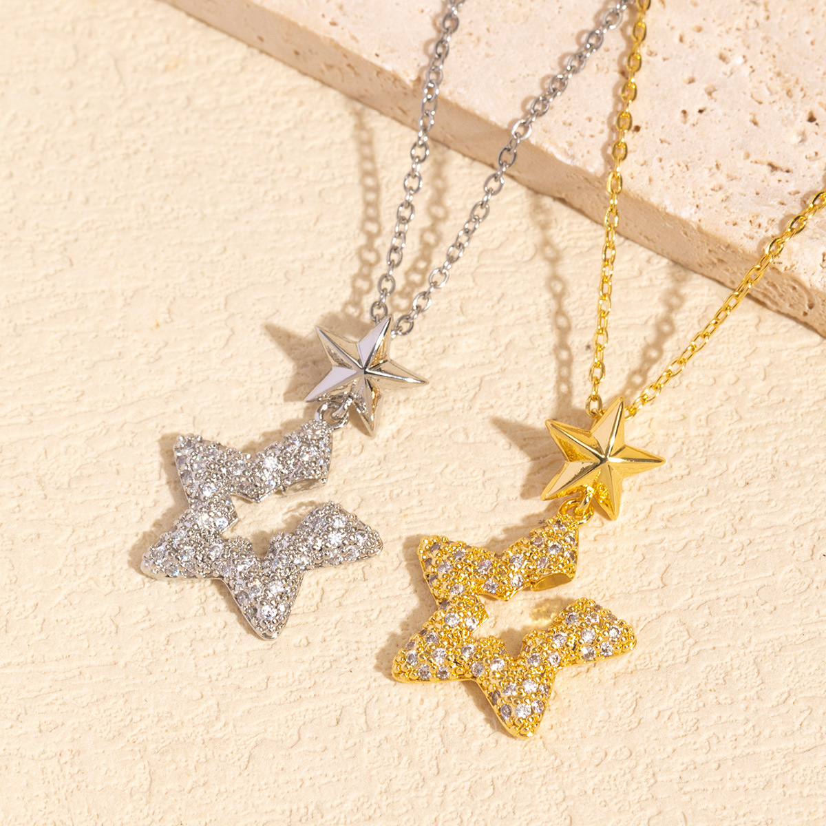 Gold - Toned Double Star Pendant Necklace With Crystal - Embellished Open Star Delicate Daily & Sparkling Jewelry Gift For Her High - Quality And Styl
