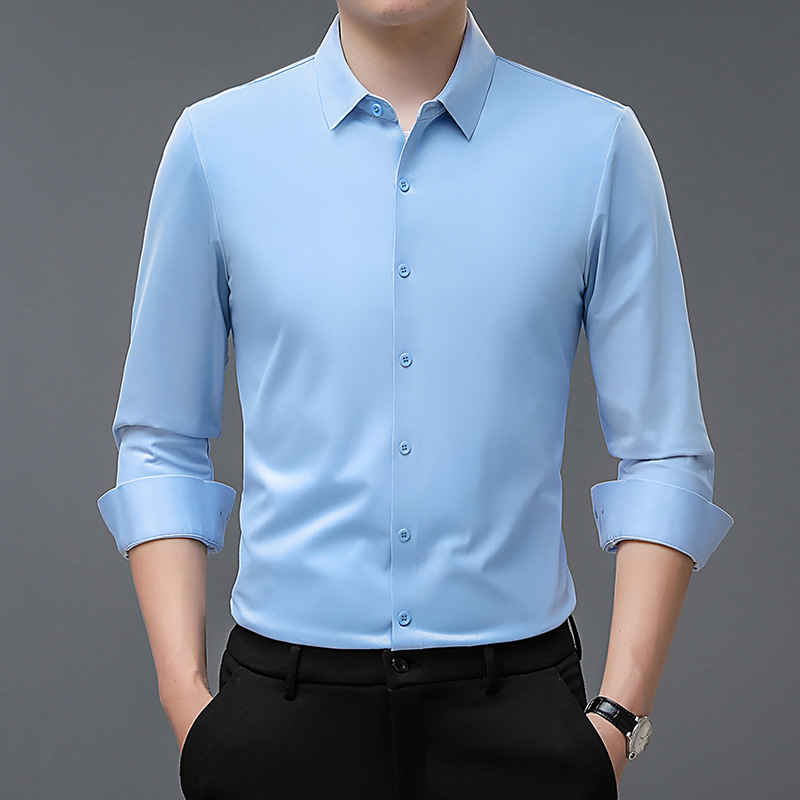 Men's Premium Silk Non-Iron Seamless Thermal Shirt Luxury Solid Color Long-Sleeve Business Shirt for Dads Autumn Dress Shirt