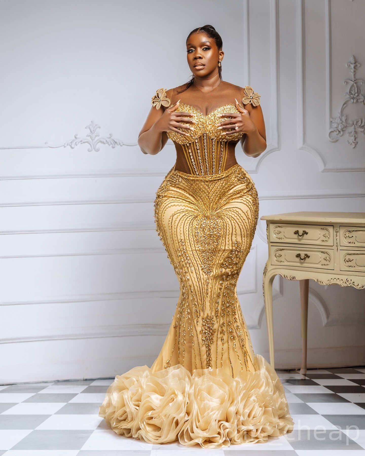 Mermaid Gold Prom Dresses 2025 Crystals Flowers Sheer Neck Sequined Evening Formal Party Second Birthday Engagement Gowns Plus Size Dress For Special 