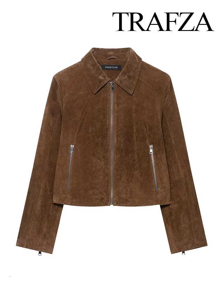 TRAFZA Womens 2025 Autumn New Fashion Popular Lapel Short Pure Leather Jacket Female Temperature Zipper Pocket Loose Coat Mujer Z250918