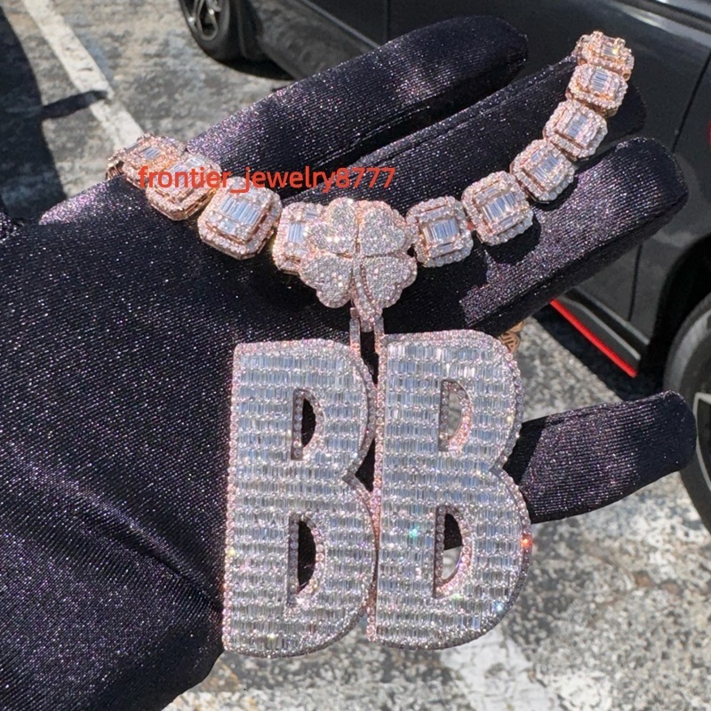 Fashion Hip Hop Jewelry Mens Miami Cuban Chain Custom Letter Clasp 925 Sterling Silver VVS Baguette Moissanite Diamond Pendant