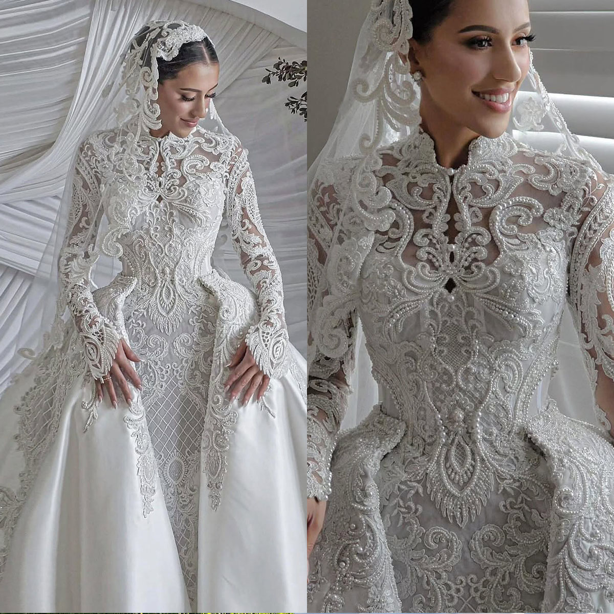 Simple Wedding Dresses Appliques Pearls Bridal Gowns Detachable Train Long Sleeves Mermaid Princess Customized Vestidos De Novia Plus Size