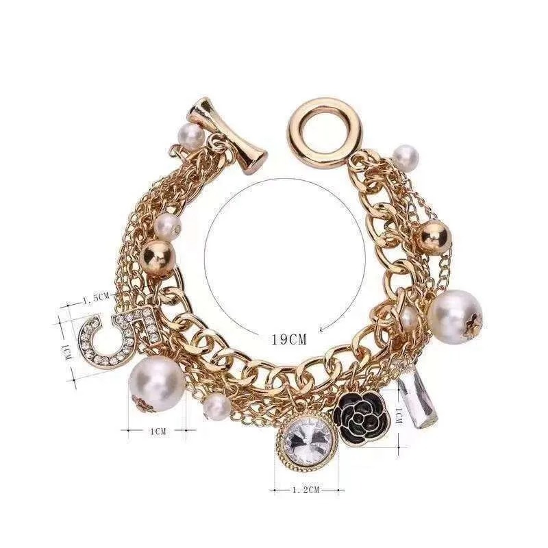 Korean Multi-layer Alloy Small Flower Inlaid Dia Pendant 5-word Style Metal Chain Bracelet C04