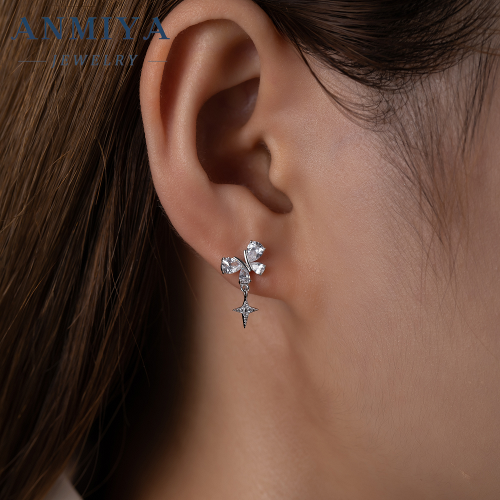 Super Shining Full Zircon Butterfly Stud Earrings for Sweet Girls 925 Silver Plated Rhinestone Women Dangling Star Stud Earrings