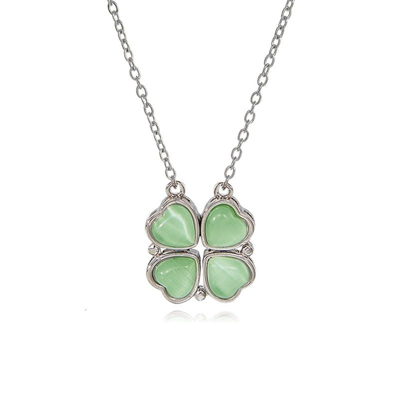 Korean Version New Green Four-Leaf Clover Pendant Magnetic Openable Two-Way Necklace Personality Heart Collarbone Chain Trendy