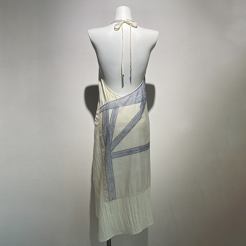 V0344 Summer niche printed splicing sleeveless vest dress halter neck backless dress female trend