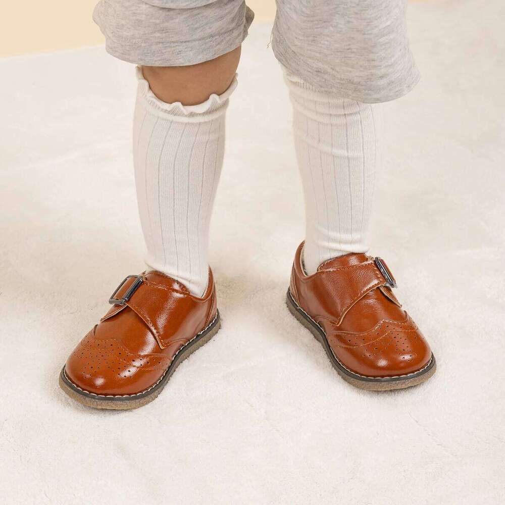 KIDSUN Children Boy Retro Leather Rubber Soft Anti-Slip Flat Sole Fashion Casual Comfortable Lightweight Walking Shoes