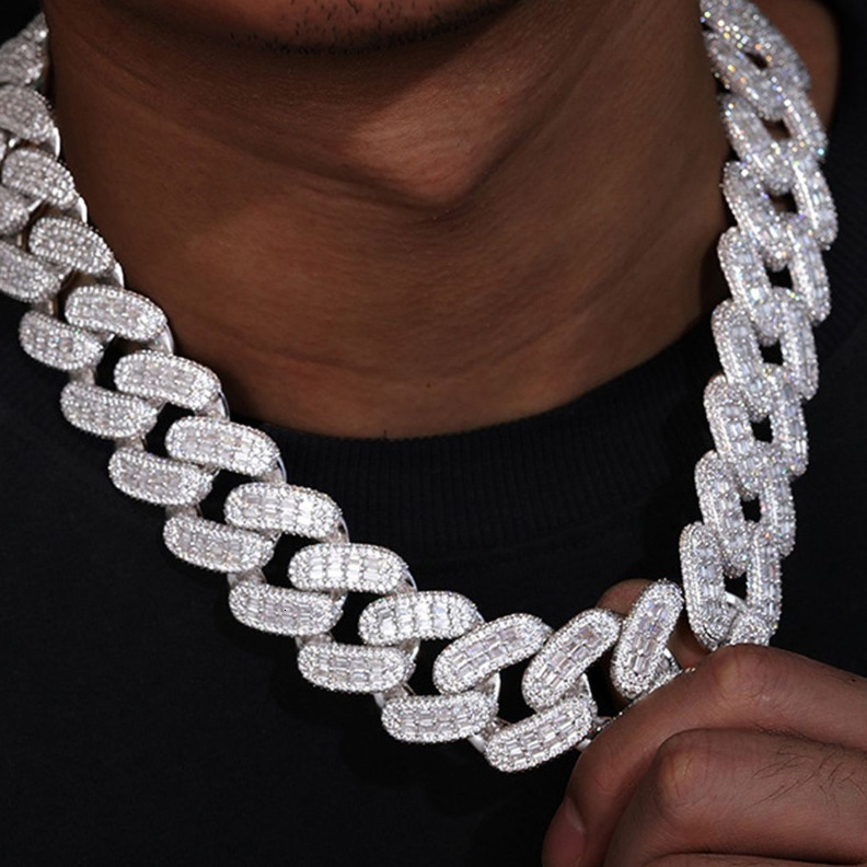 Heavy 20mm Cuban Link Chain Hiphop 925 Silver VVS Iced Out Middle Baguette Miami Moissanite Cuban Chain
