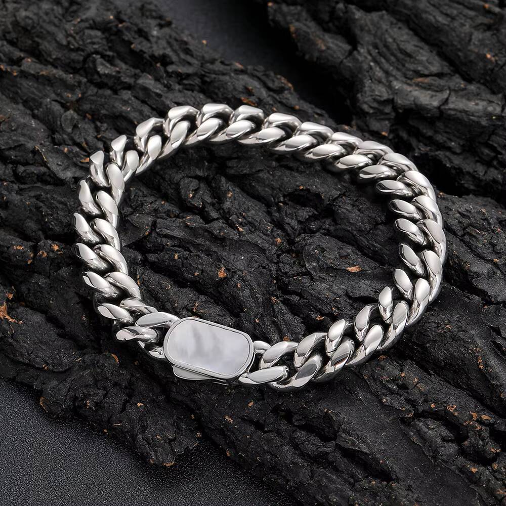 NUOYA Hip Hop Jewelry Men Stainless Steel Bracelet 18K Gold Plated Miami Cuban Chain with Natural Shell Clasp Cuban Bracelet