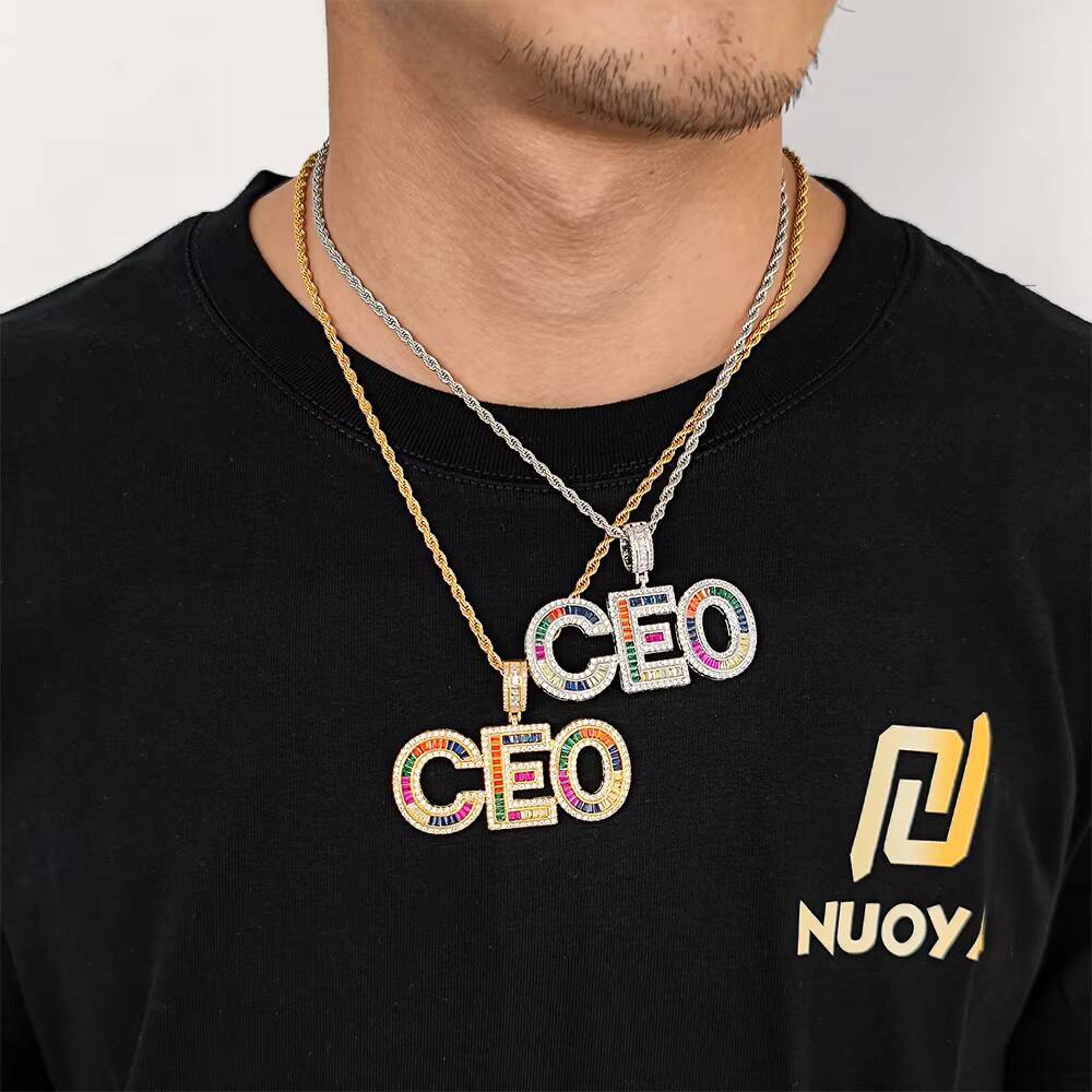 Nuoya New Arrivals Colorful Letter Charm Pendant Bling Baguette Moissanite Stone Custom Initial Letter Pendant