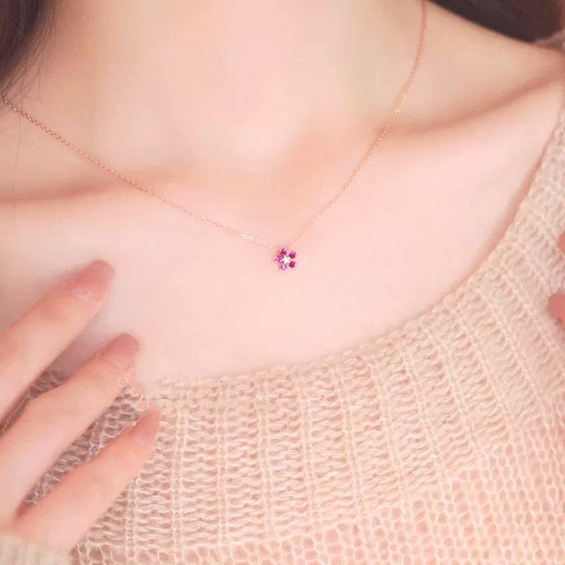 S Pure Sier Plated 14K Gold Five-Petal Necklace for Women Rose Red Flower Pendant High-End Light Collarbone Chain