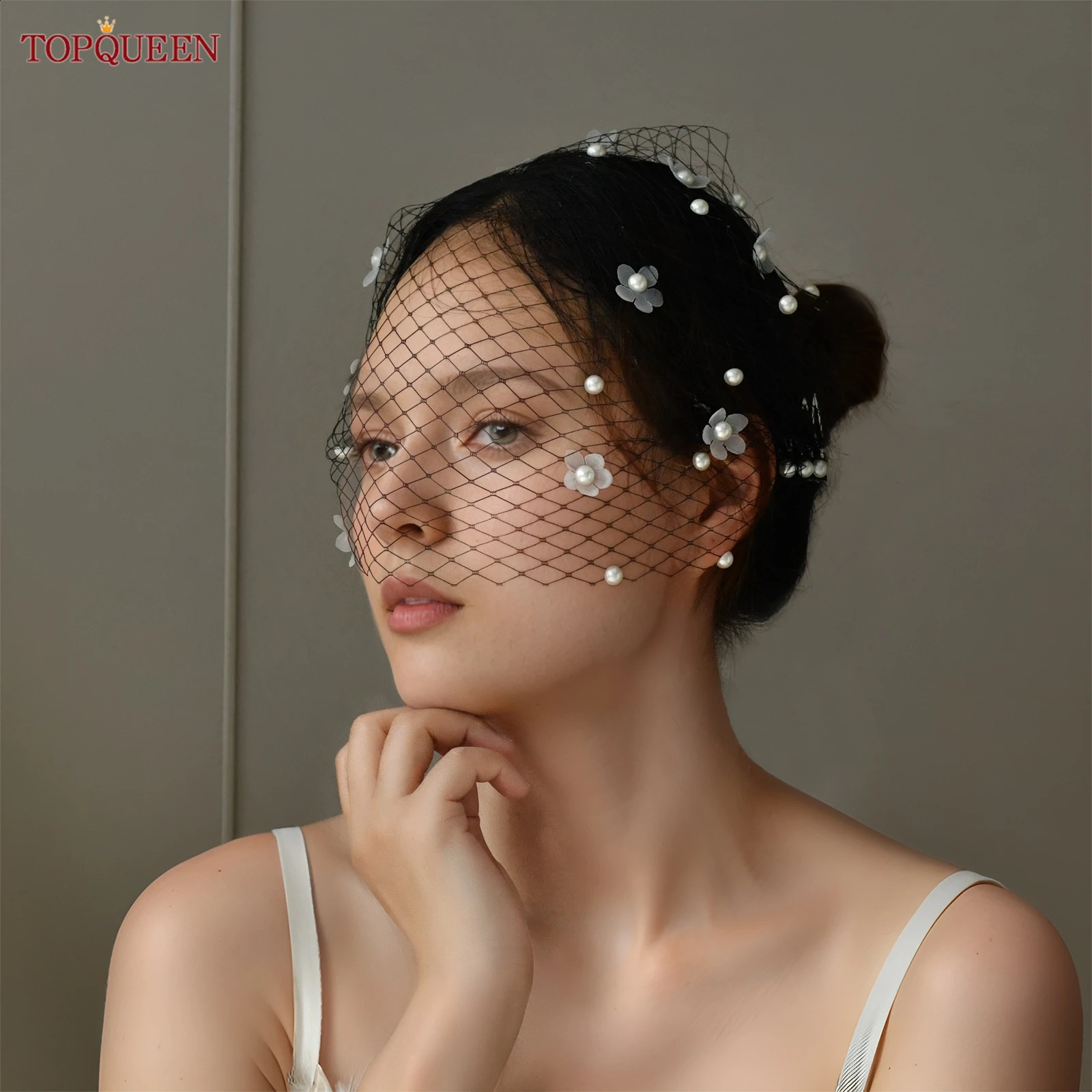 TOPQUEEN Va05 3d Flower Single Layer Bird Cage Veil Blusher Veil White Black Pearl Headband Bridal Hair Accessories Customizable 250918