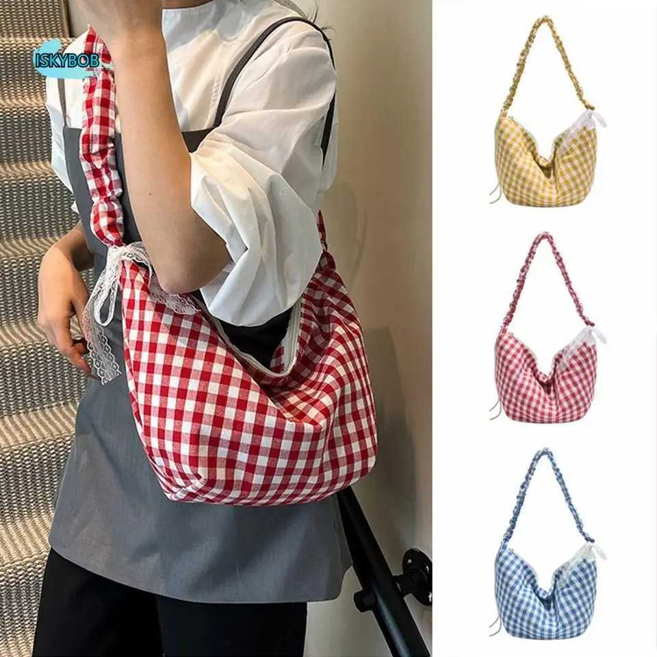 Simple Korean Hobos Shoulder Bag Half Moon Large Capacity Crossbody Bag Plaid Canvas Handbags Spring SummerXJ250918