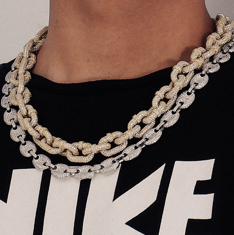 Mens Hip Hop Fashion White Yellow Gold Cuban Link Necklace with Front Ice Out Diamond Gold Plated Main Stone Moissanite
