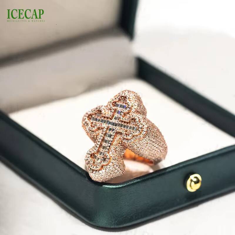 Designer Mens Cross Hand Ring Set Fine Jewelry Rose Gold Plated 925 Sterling Silver Custom VVS Moissanite Diamond Ring