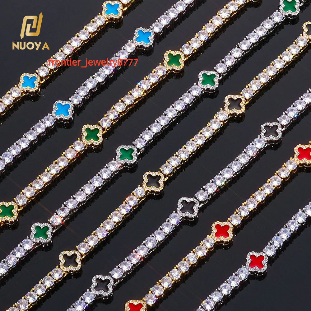 NUOYA Womens Silver Gold Plated Tennis Choker Necklace Four Leaf Clover Iced Out Moissanite Chain Fine Hip Hop Jewelry
