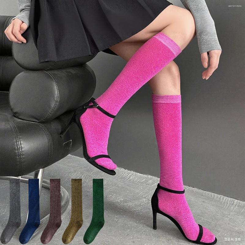 Women Socks Versatile Trendy Metallic Thread Shiny Knee High Lurex Cute Slouch Calf Glitter Sparkle Navy Blue Pink Gift