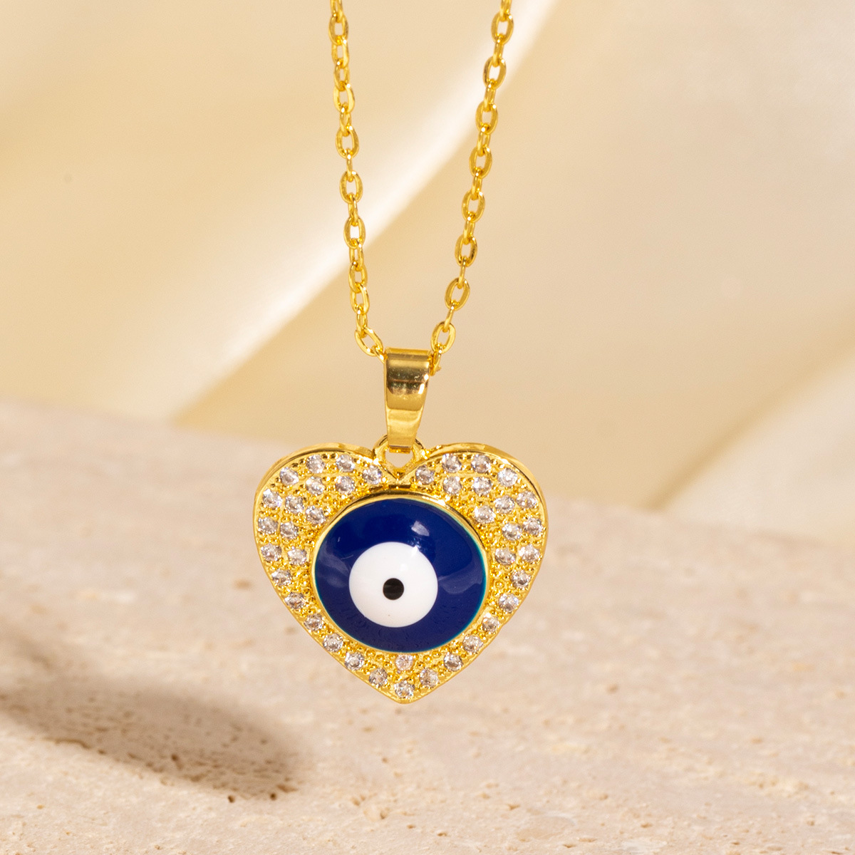 Gold - Toned Heart - Shaped Evil Eye Pendant Necklace With Rhinestone Trim And White Enamel Delicate Daily & Lovely Jewelry Gift For Her Fashionable A