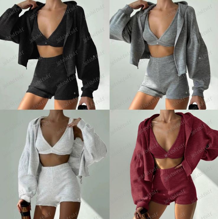 Yoga Sweatshirt Top Sweatshorts Hoodie Three Pcs Set Women Sport Suit Knitted Zipper Hooded Cardigan Sweatshirt V-neck Triangular Cup Chest High