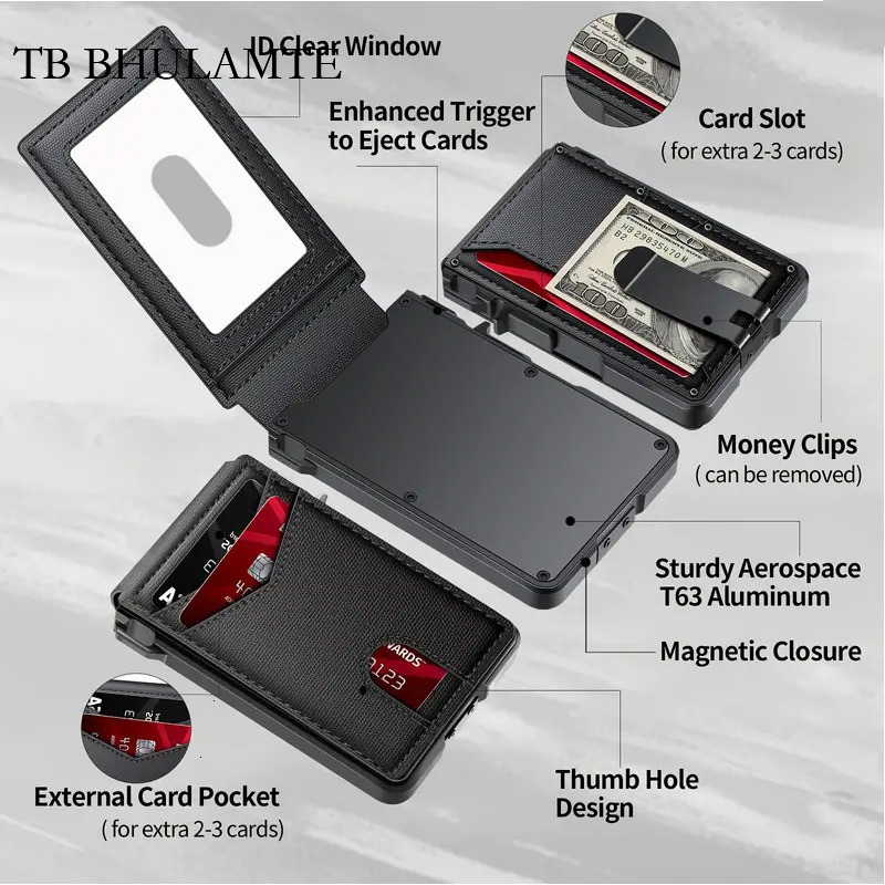 TB BHULAMTE Free Shipping Luxury Hot-selling Automatic RFID Designer Card Holder Metal Wallet Men's High-end Foldable Leather Carbon Fiber Card C