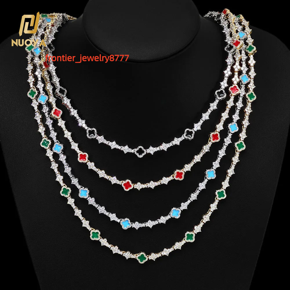 NUOYA Hip Hop New Style Iced Out Four Leaf Clover Necklace Silver Color 65mm Moissanite Diamond Colorful Tennis Chain Jewelry for Women