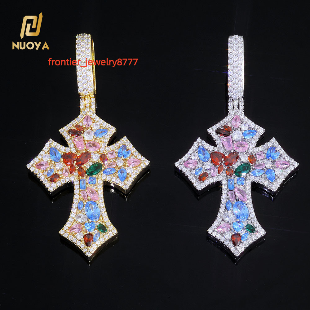 NUOYA Custom Colorful Moissanite Iced Out Cross Pendant for Women High Quality Multi Color Diamond Pendant Hip Hop Rappers Jewelry