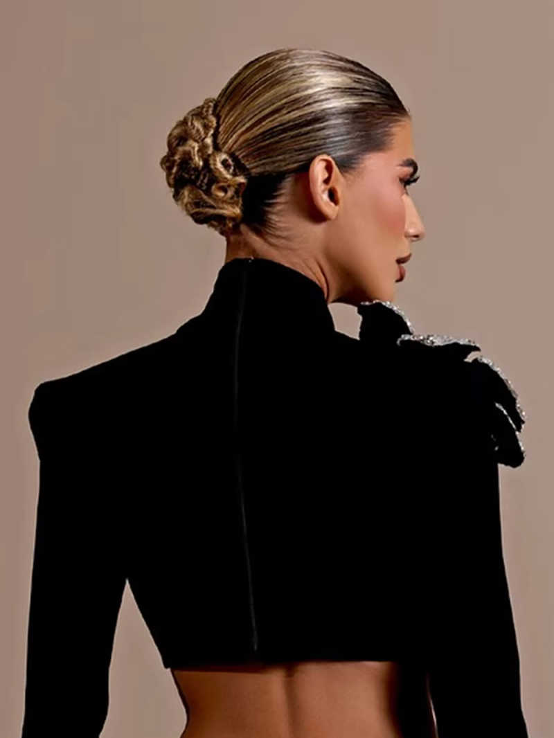 Gorgeous Black Evening Dresses 2 Pieces High Neck Long Sleeve Crystal Party Gowns Plus Size Customized Special Occasion Dresses