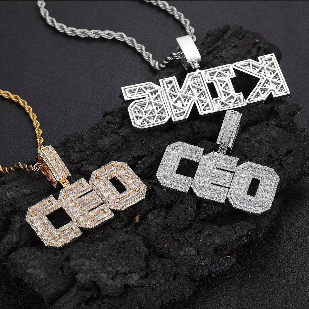 High Quality Custom Jewelry Bling Diamond Name Pendant 18K Gold Plated Baguette Cubic Moissanite Initial Letter Pendant
