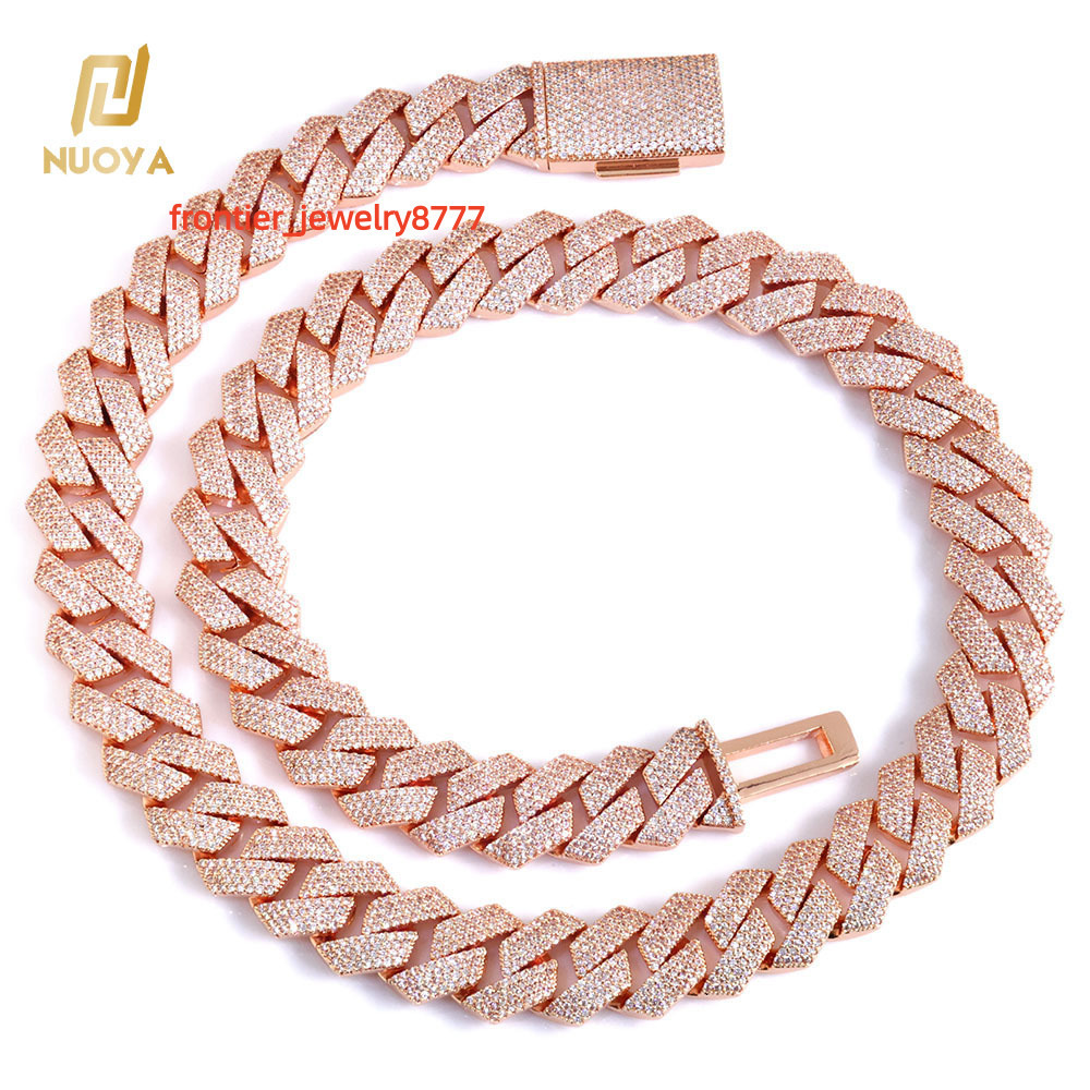 NUOYA Luxury Miami Cuban Link Chain Necklace 15mm 4 Row Width Iced Out with Moissanite Stones Prong Set Rose Gold Plated Hip Hop Jewelry