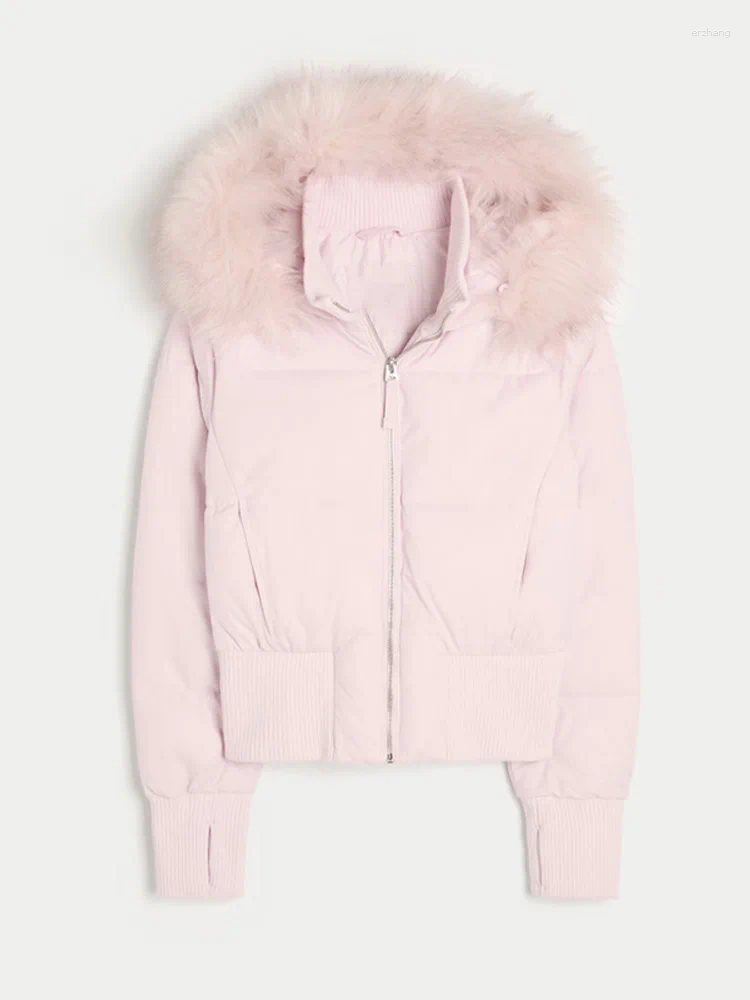 Women's Jackets Fashion Faux Fur Hooded Quilted Coat 2025 Winter Full Sleeve Zipper Pocket Cropped Jacket Chic Lady Padded Outerwear