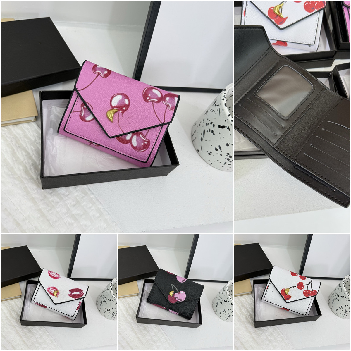 Fashion classic flap fold Card holders womens pink purse Designer Key wallet CardHolder leather zipper wallets man cherry key pouch lady gift coin purses