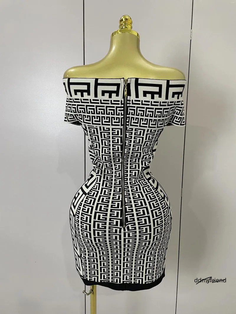 Casual Dresses High Quality 2025 Women Sexy Jacquard Slash Neck Off Shoulder Bodycon Mini Bandage Dress Elegant Evening Birthday Party ddmyfriend