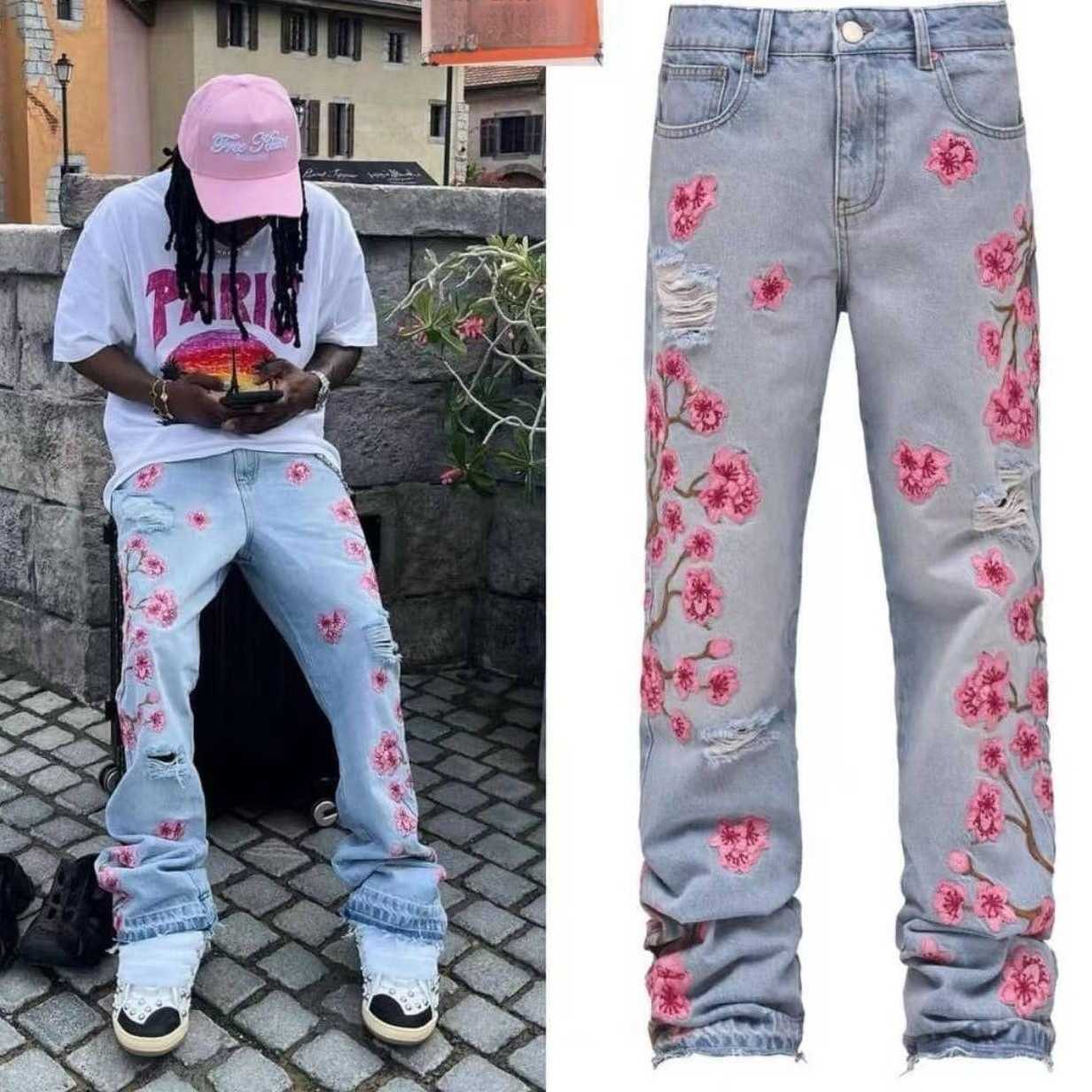 New men's straight-leg denim pants, trendy street fashion from Europe and America, popular on Instagram, non-elastic, embroidered denim straight-