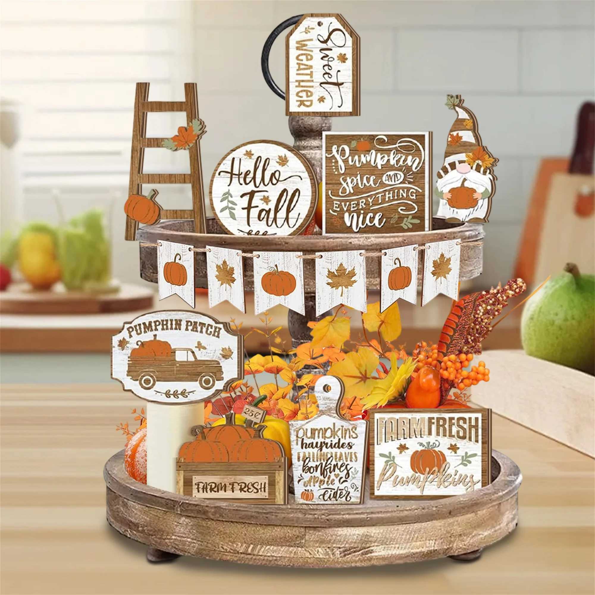Fall Harvest Wooden Pumpkin and Maple Leaf Table Centerpiece Set of 12 Thanksgiving Tiered Tray Decorations for Home and Party C250919