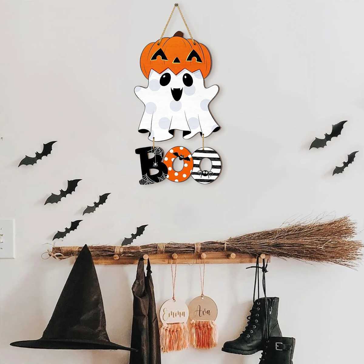 Halloween Decorative Hanging Sign Adorable Ghost with Pumpkin Head and BOO Letters Festive Home Decoration C250919