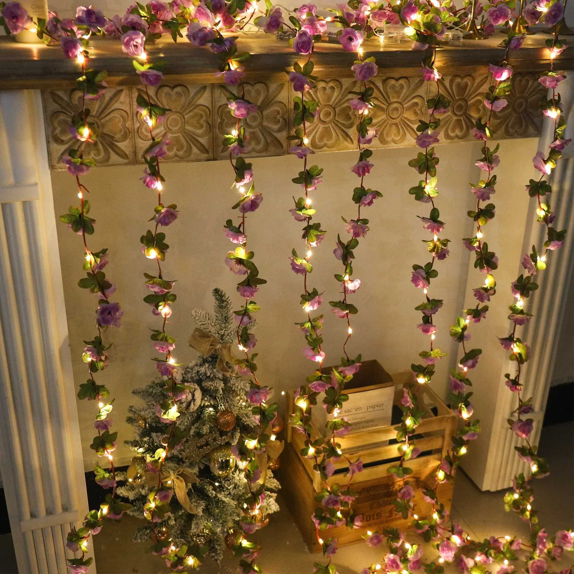 Rose String Lights Artificial Flowers Ivy Leaves LED Fairy Lights Wedding Garland Home Decoration Arch Hanging Wall Garden Decor C250919