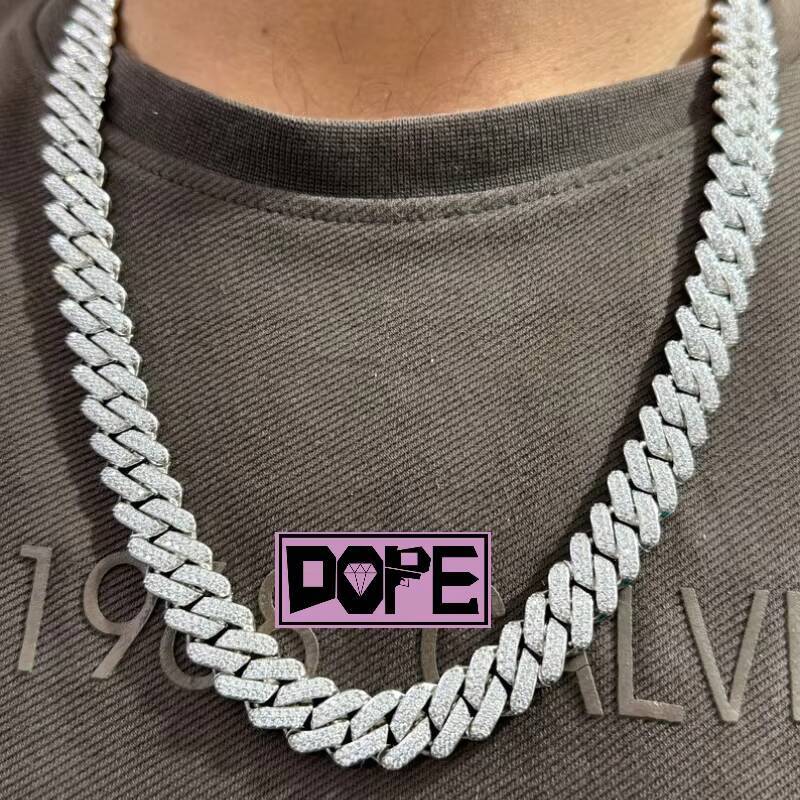 14mm Moissanite Chain Iced Out 2 Row VVS Hiphop Miami Cuban Necklace 925 Silver Sparkling Cuban Link Chain