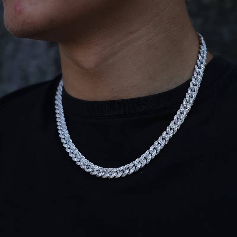Nuoya Hip Hop Jewelry 8mm Iced Out Two Row Diamond Cuban Link Prong Chain Necklace Gold Silver Plated Cuban Chain Necklace
