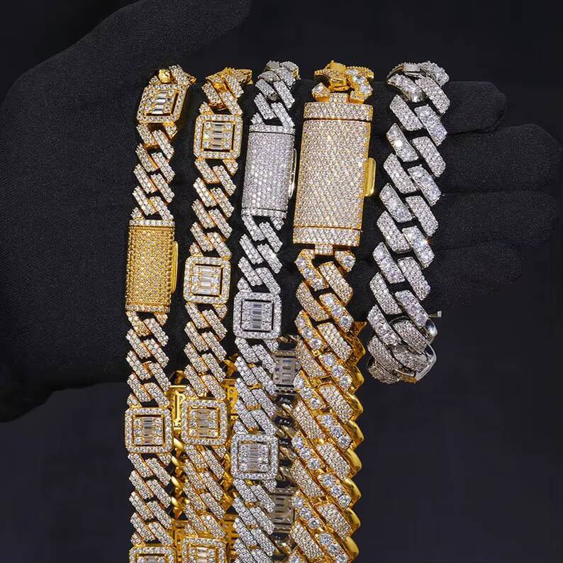 15mm Cuban Link Chain 925 Silver Iced Out Vvs Diamond Pass Diamond Tester Charm Necklace Moissanite Cuban Chain